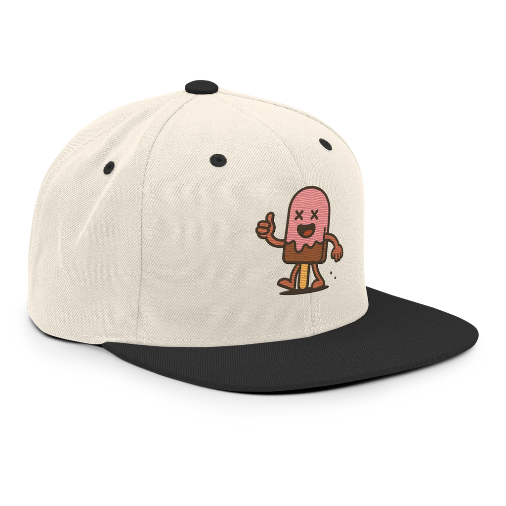 Gorra snapback Doozy Headwear beige con visera negra y dibujo de paleta animada