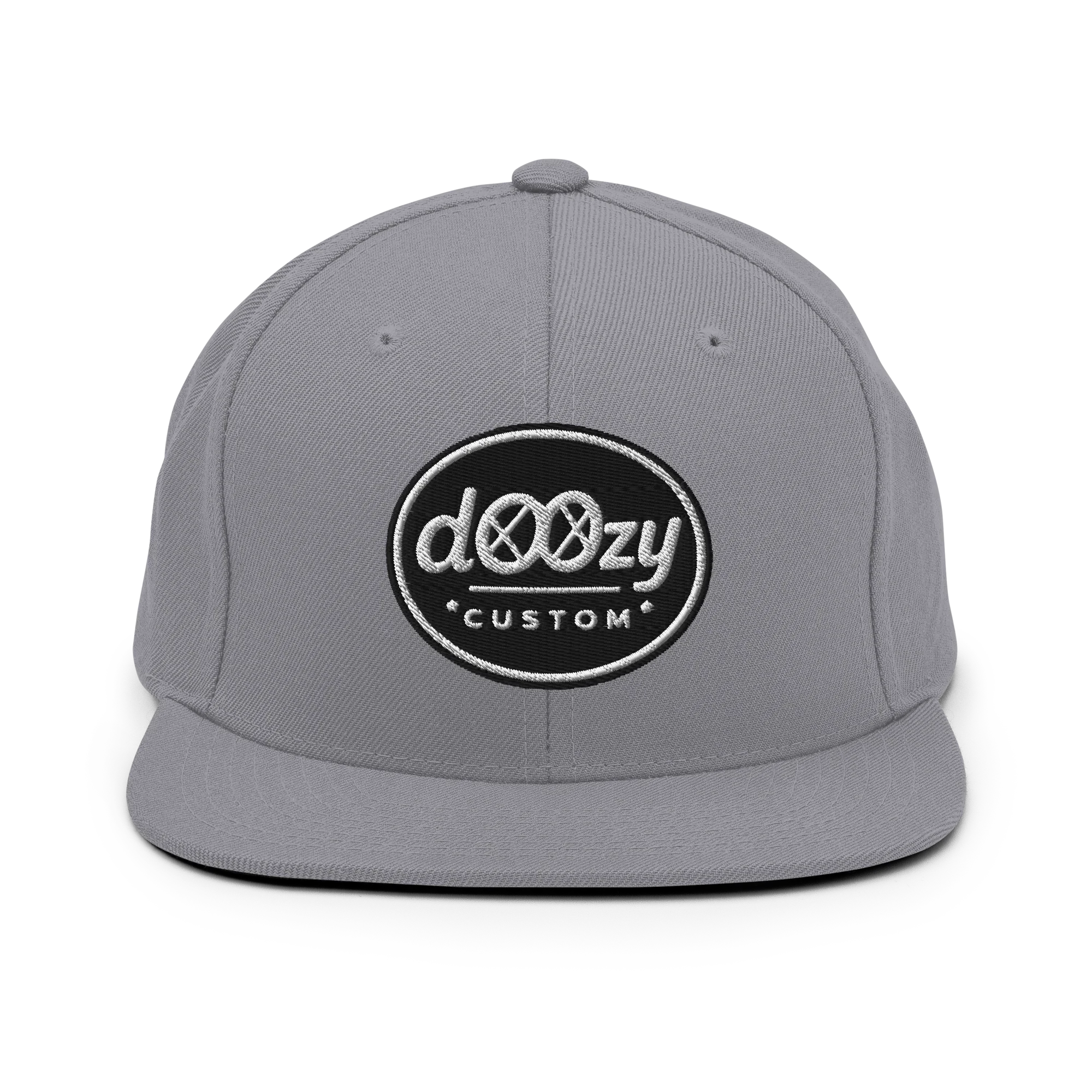 Gorra snapback gris Doozy Headwear con logo bordado dOOzy Custom al frente.