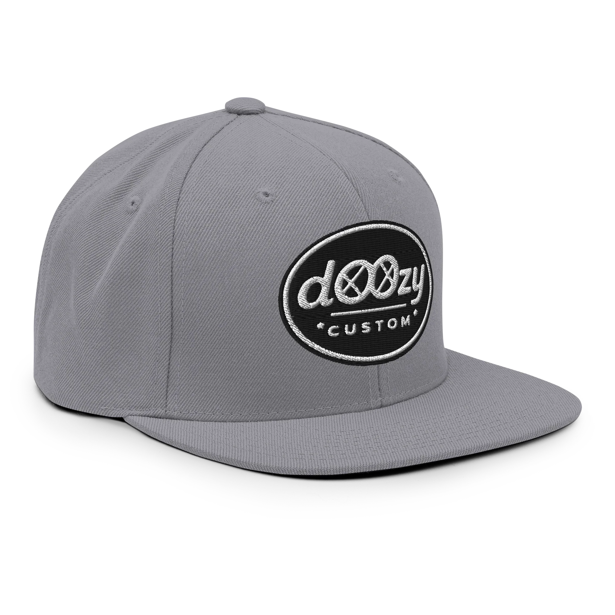 Gorra snapback gris Doozy Headwear con logo bordado en negro y blanco