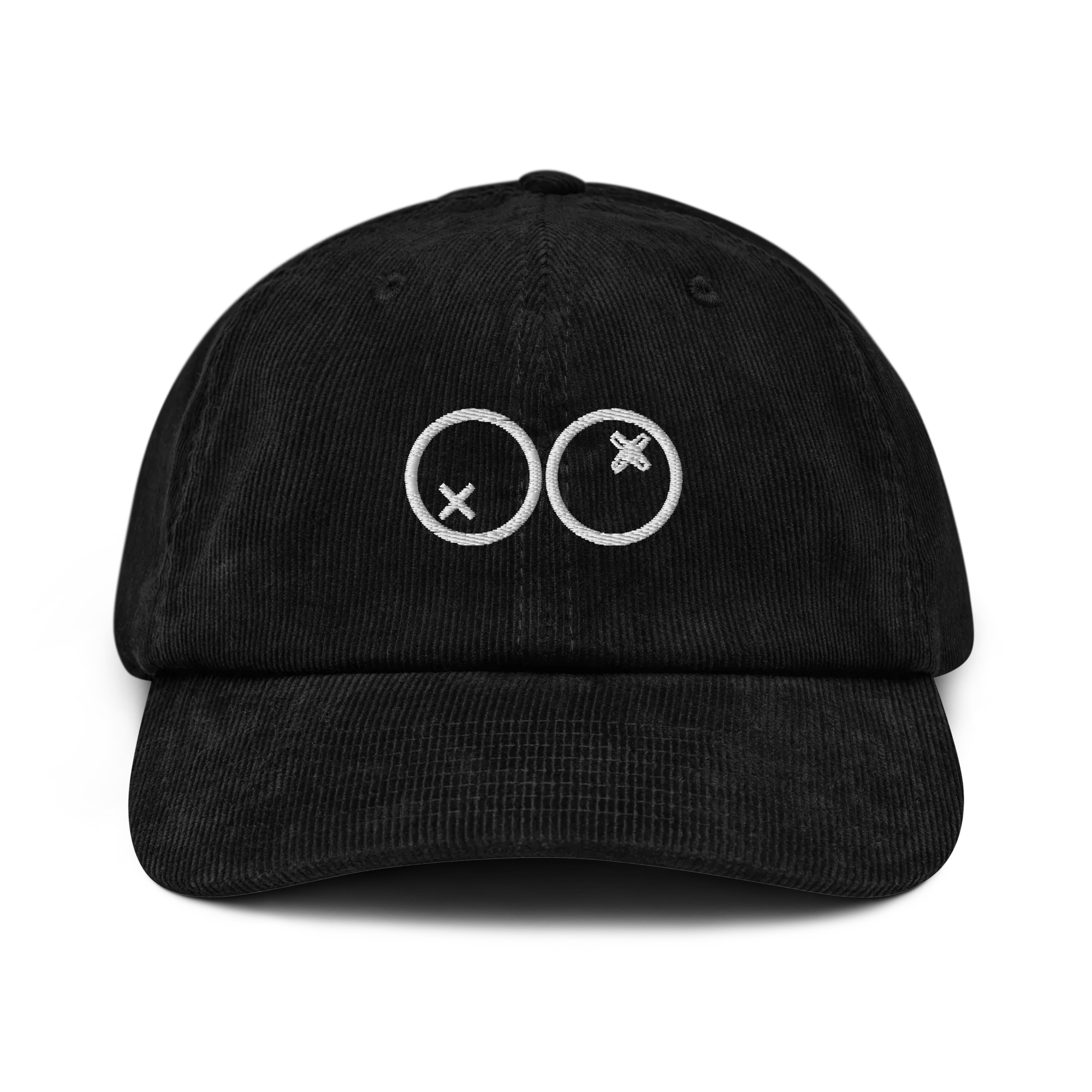 Gorra de pana negra Doozy Headwear con logo bordado de dos círculos blancos en el frontal