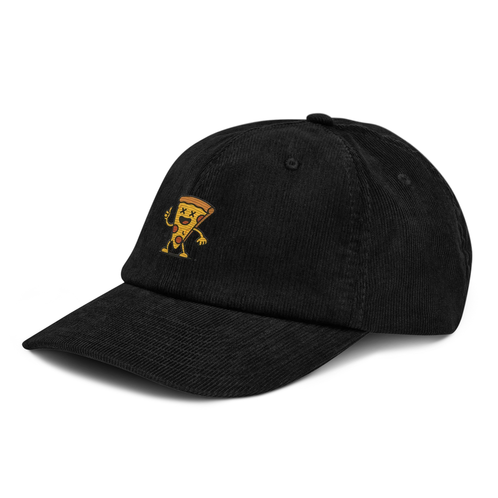 Gorra de pana negra Doozy Headwear con bordado de pizza animada en el frente izquierdo
