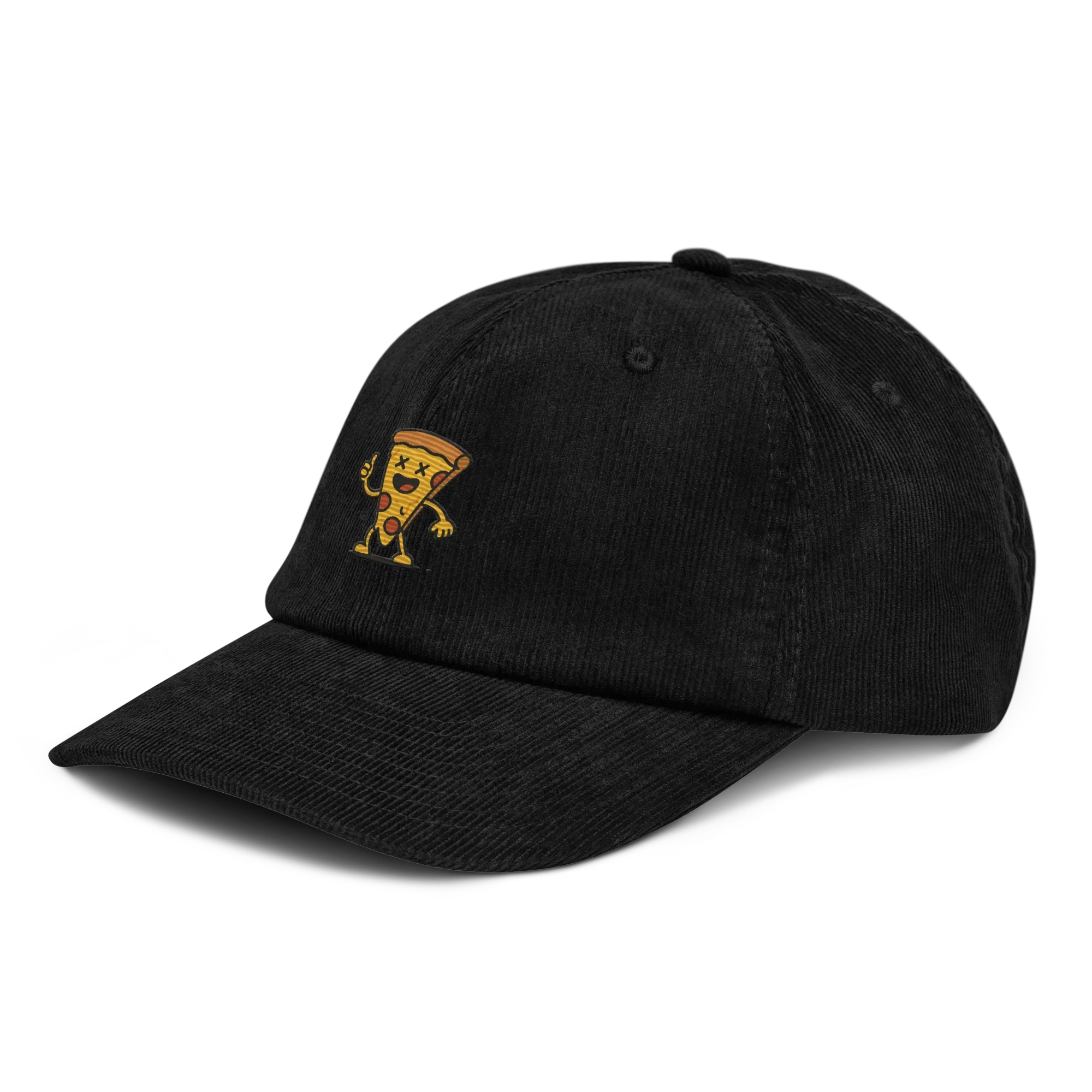 Gorra de pana negra Doozy Headwear con bordado de pizza animada en el frente izquierdo