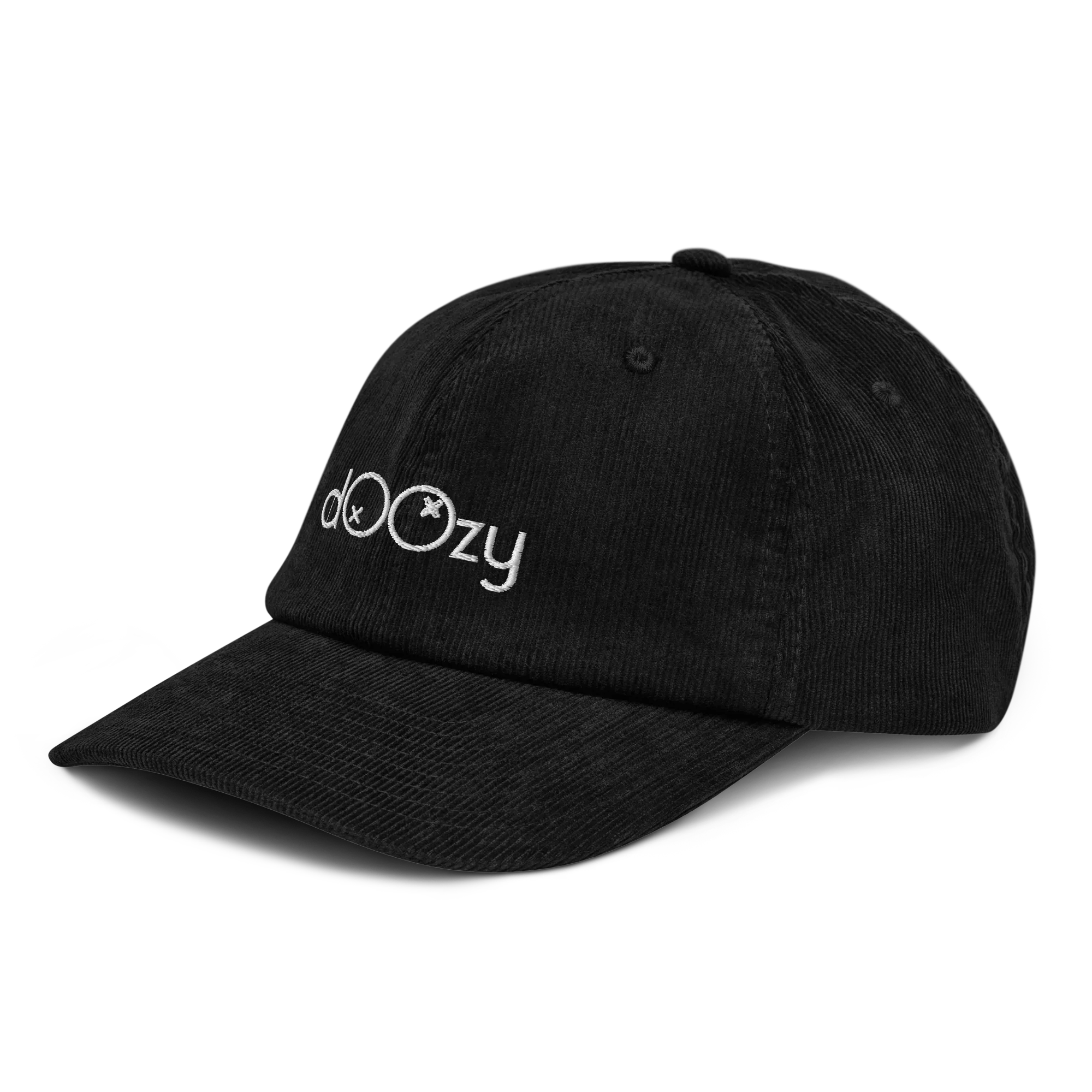 Gorra negra de pana dOOzy Headwear, logo bordado en blanco, estilo casual moderno