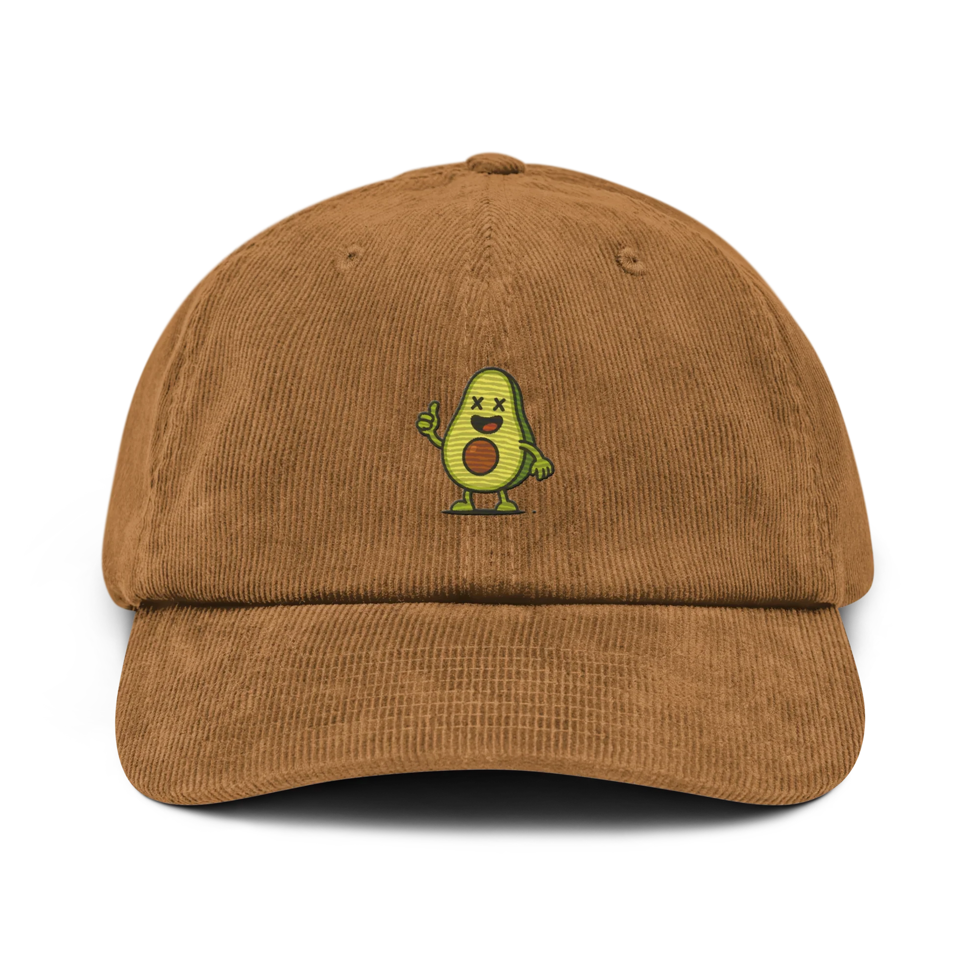Gorra de pana camel Doozy Headwear con dibujo de aguacate animado al frente