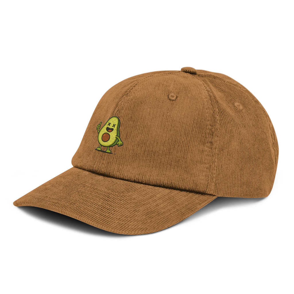 Gorra de pana color camel Doozy Headwear con bordado de aguacate divertido en la parte frontal