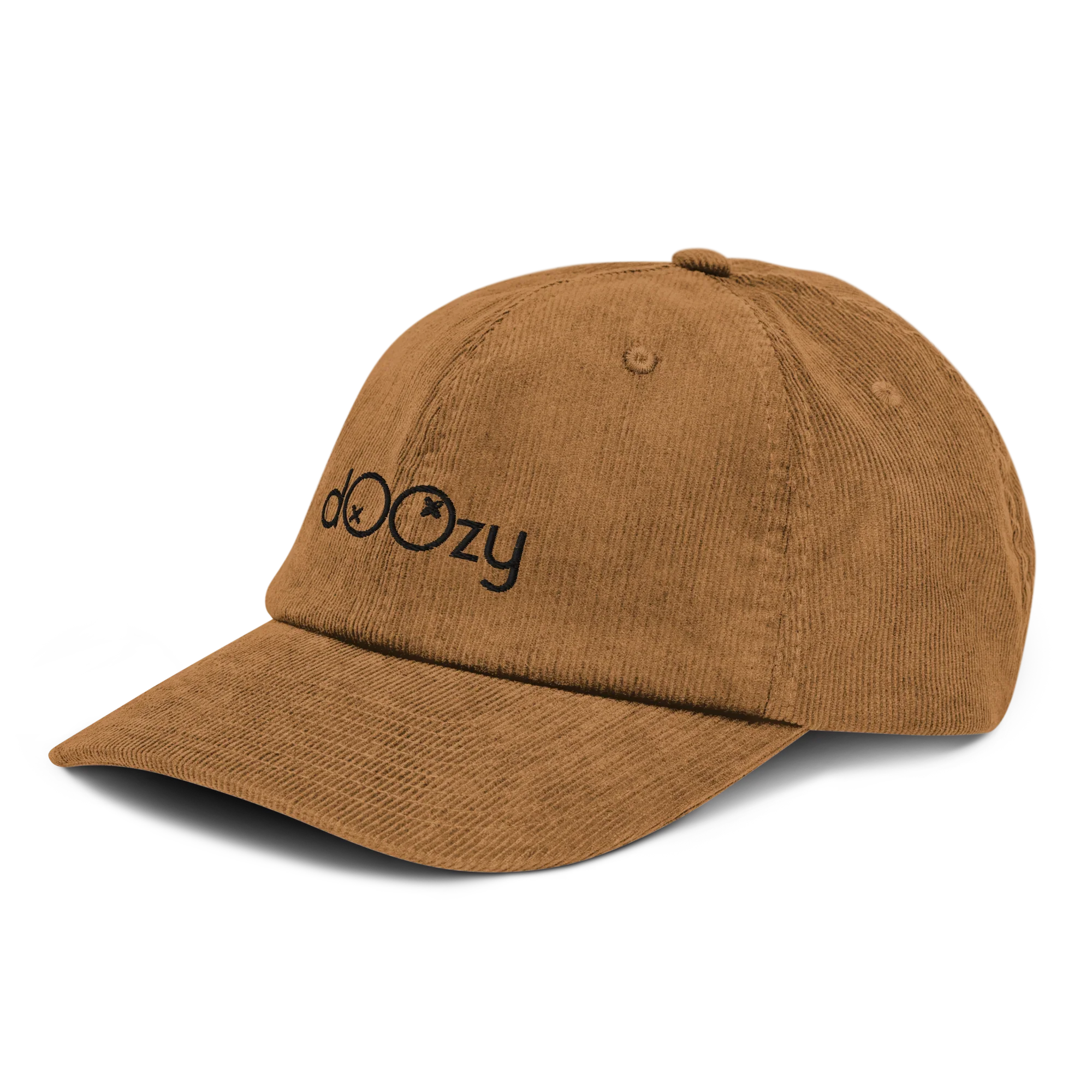 Gorra de pana camel con logo negro Doozy Headwear, vista lateral frontal, dOOzy brand