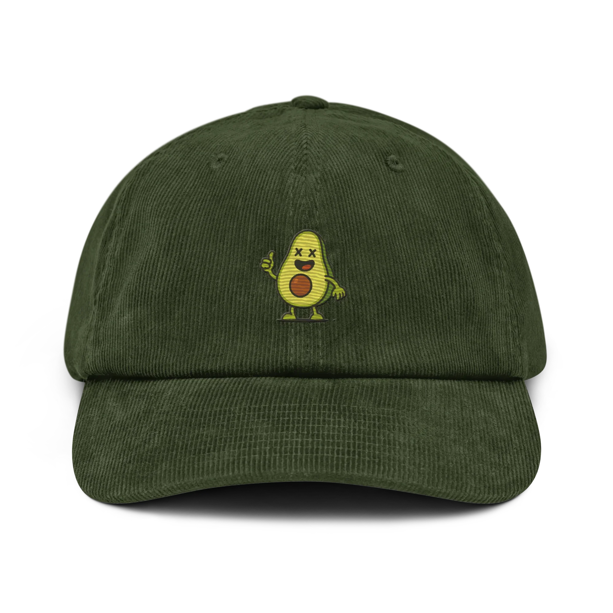 Gorra de pana verde oliva Doozy Headwear con dibujo de aguacate animado bordado al frente