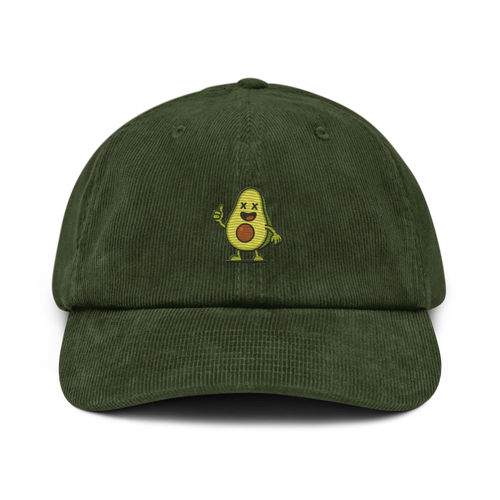 Gorra de pana verde oliva Doozy Headwear con dibujo de aguacate animado bordado al frente