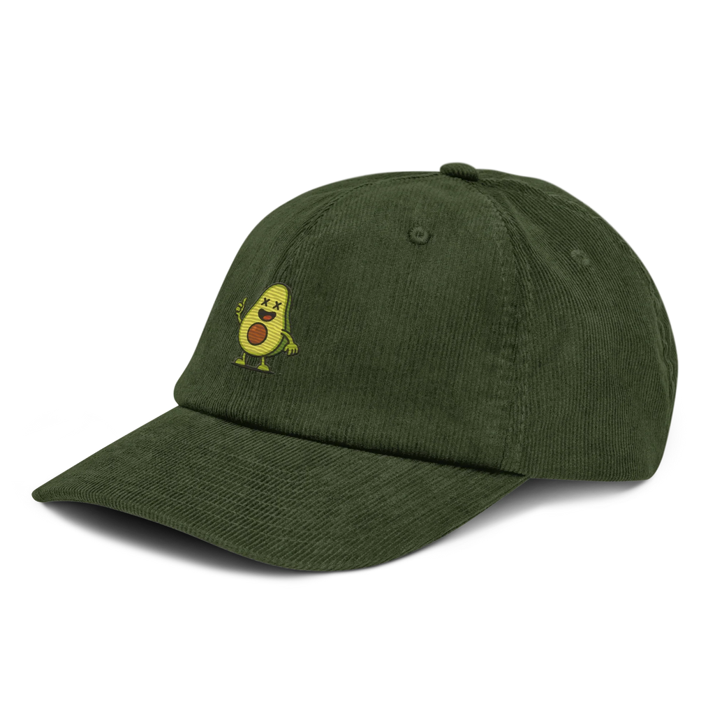 Gorra Doozy Headwear pana verde oliva con dibujo de aguacate animado en el frente
