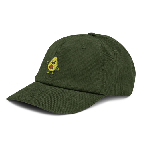 Gorra Doozy Headwear pana verde oliva con dibujo de aguacate animado en el frente