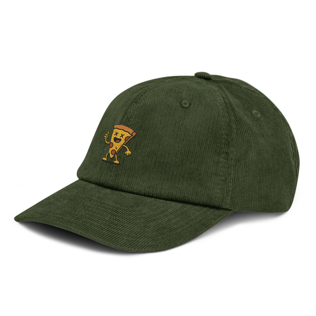 Gorra de pana verde oliva Doozy Headwear con logo de pizza animada bordado en el frente
