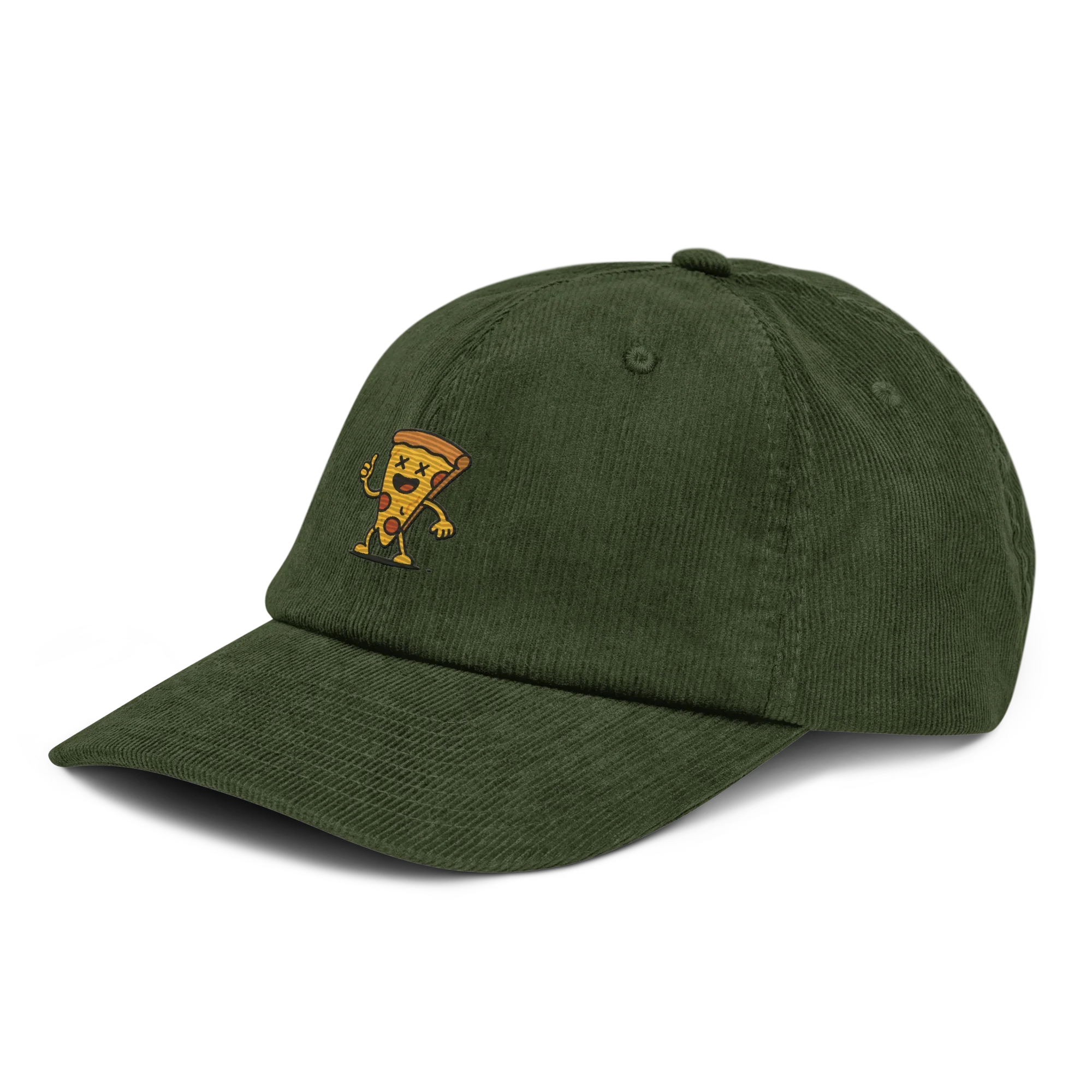 Gorra de pana verde oliva Doozy Headwear con logo de pizza animada bordado en el frente