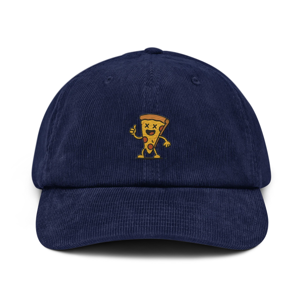Gorra de pana azul marino Doozy Headwear con dibujo de pizza animada bordada al frente.