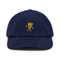 Gorra de pana azul marino Doozy Headwear con dibujo de pizza animada bordada al frente.