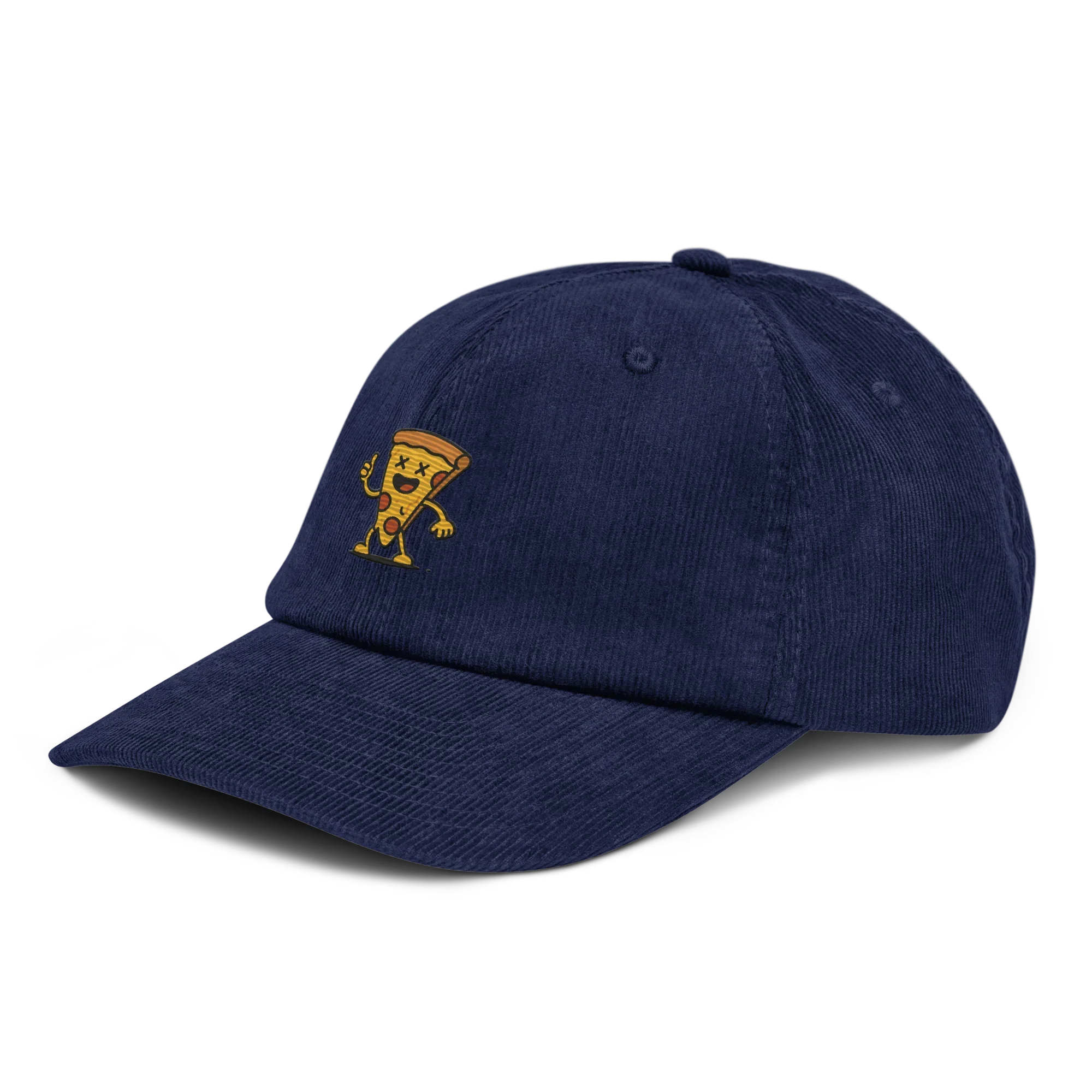 Gorra de pana azul marino Doozy Headwear con bordado de pizza animada en el lateral