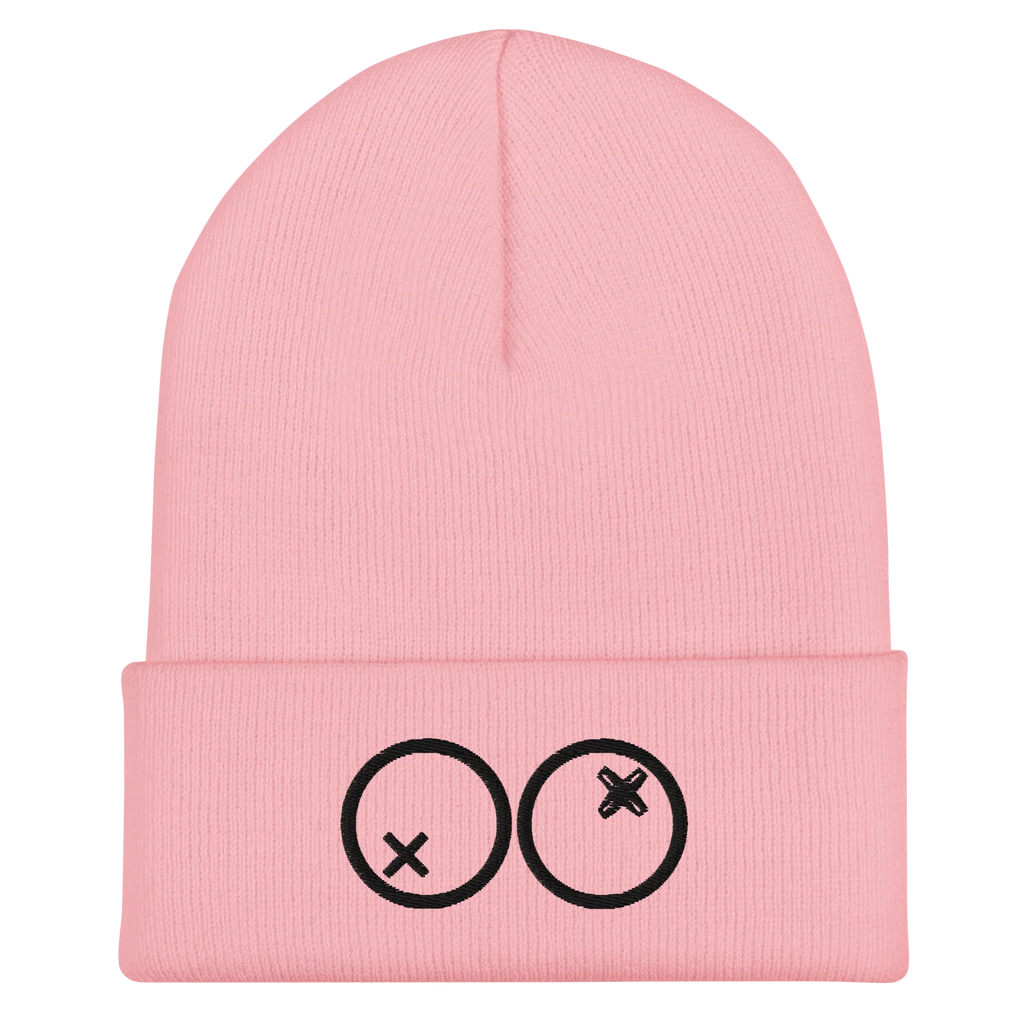 Gorro beanie rosa Doozy Headwear con doble círculo y cruces negras en la parte frontal
