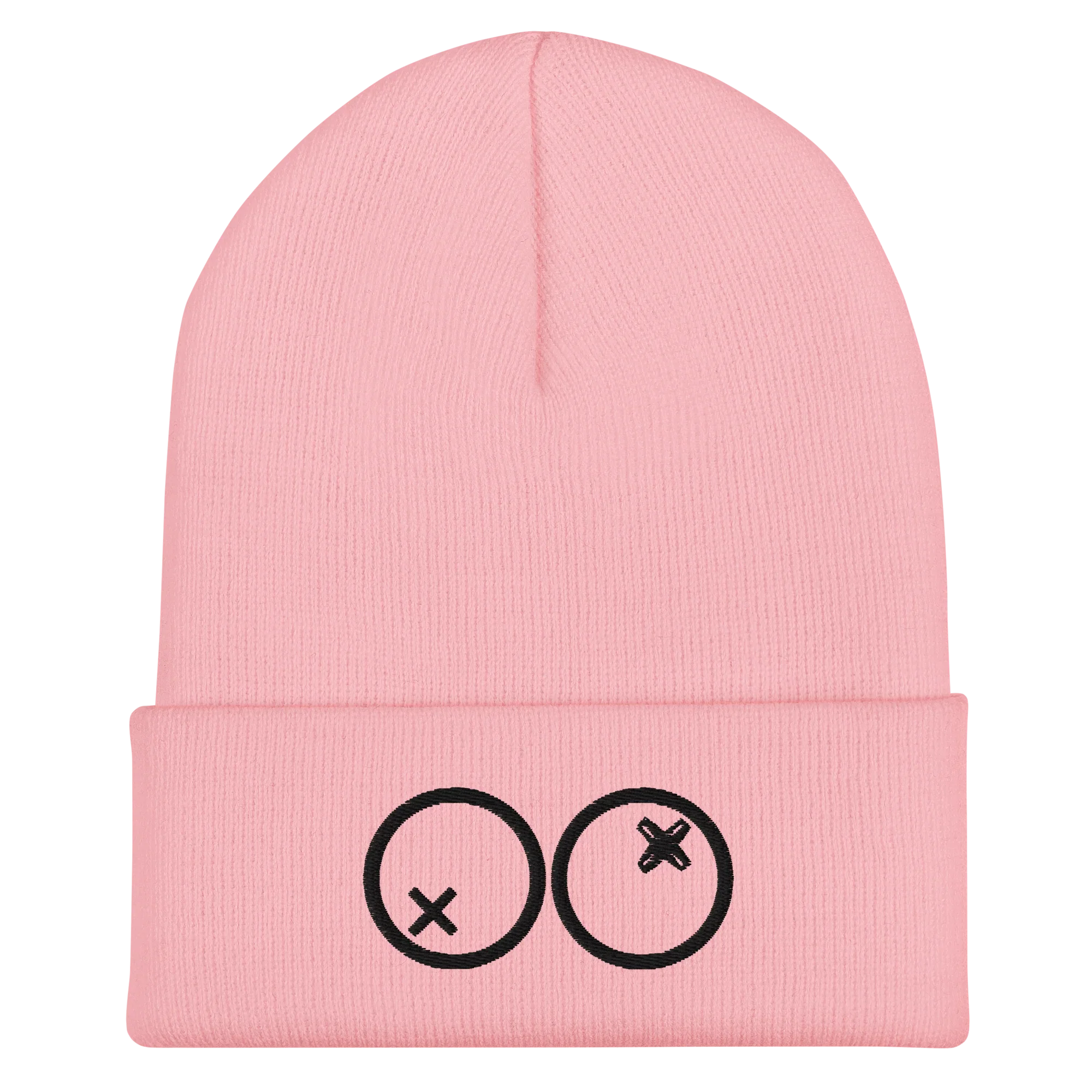 Gorro beanie rosa Doozy Headwear con doble círculo y cruces negras en la parte frontal