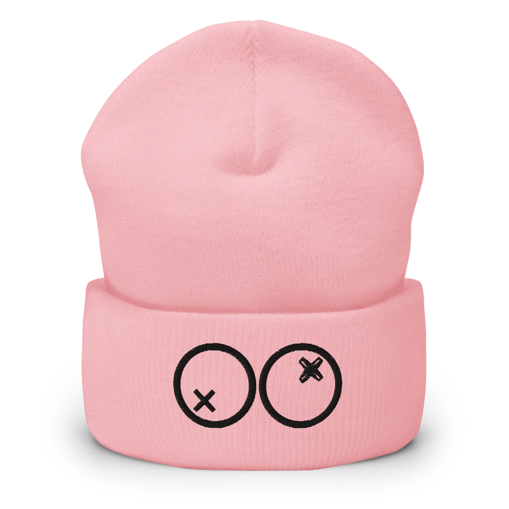 Gorro beanie rosa Doozy Headwear con doble círculo y equis bordados en el frente