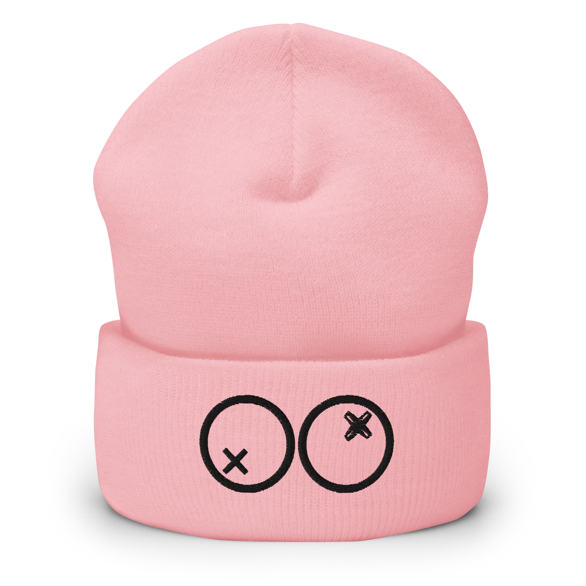 Gorro beanie rosa Doozy Headwear con doble círculo y equis bordados en el frente