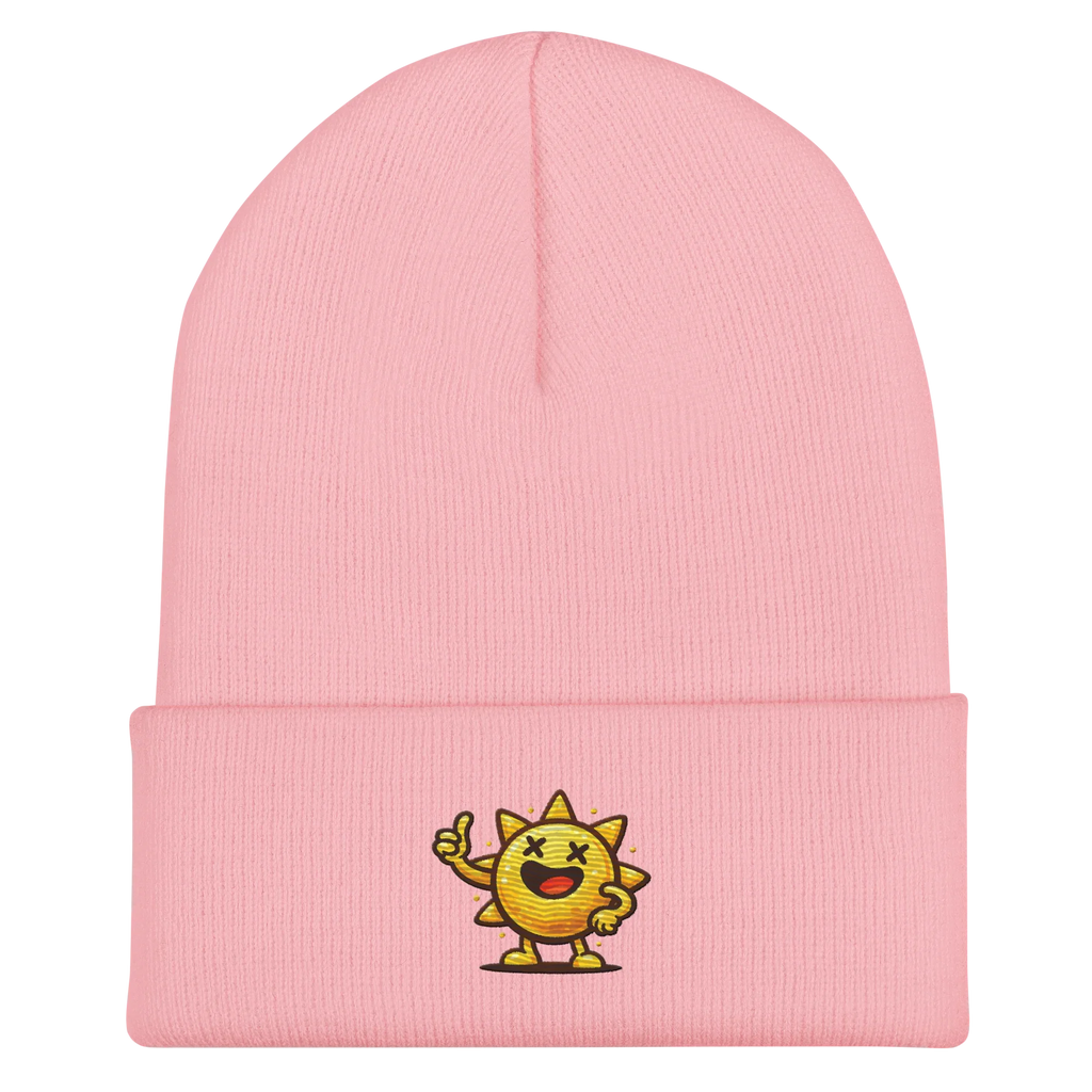 Gorro tipo beanie rosa bebé con diseño de sol animado, marca Doozy Headwear.