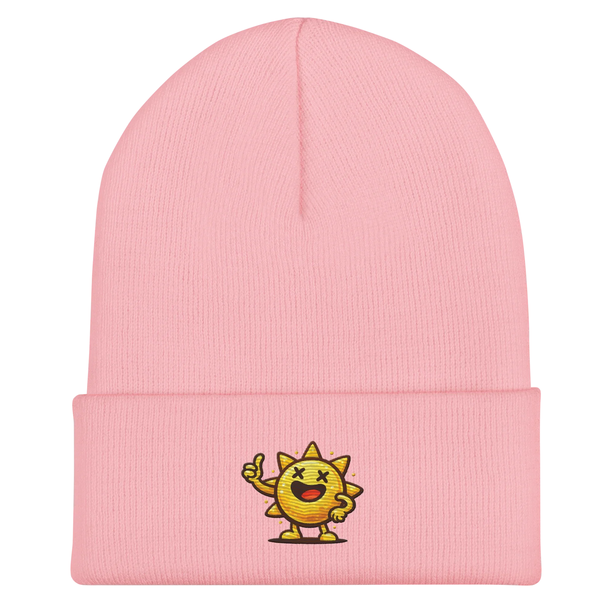 Gorro tipo beanie rosa bebé con diseño de sol animado, marca Doozy Headwear.