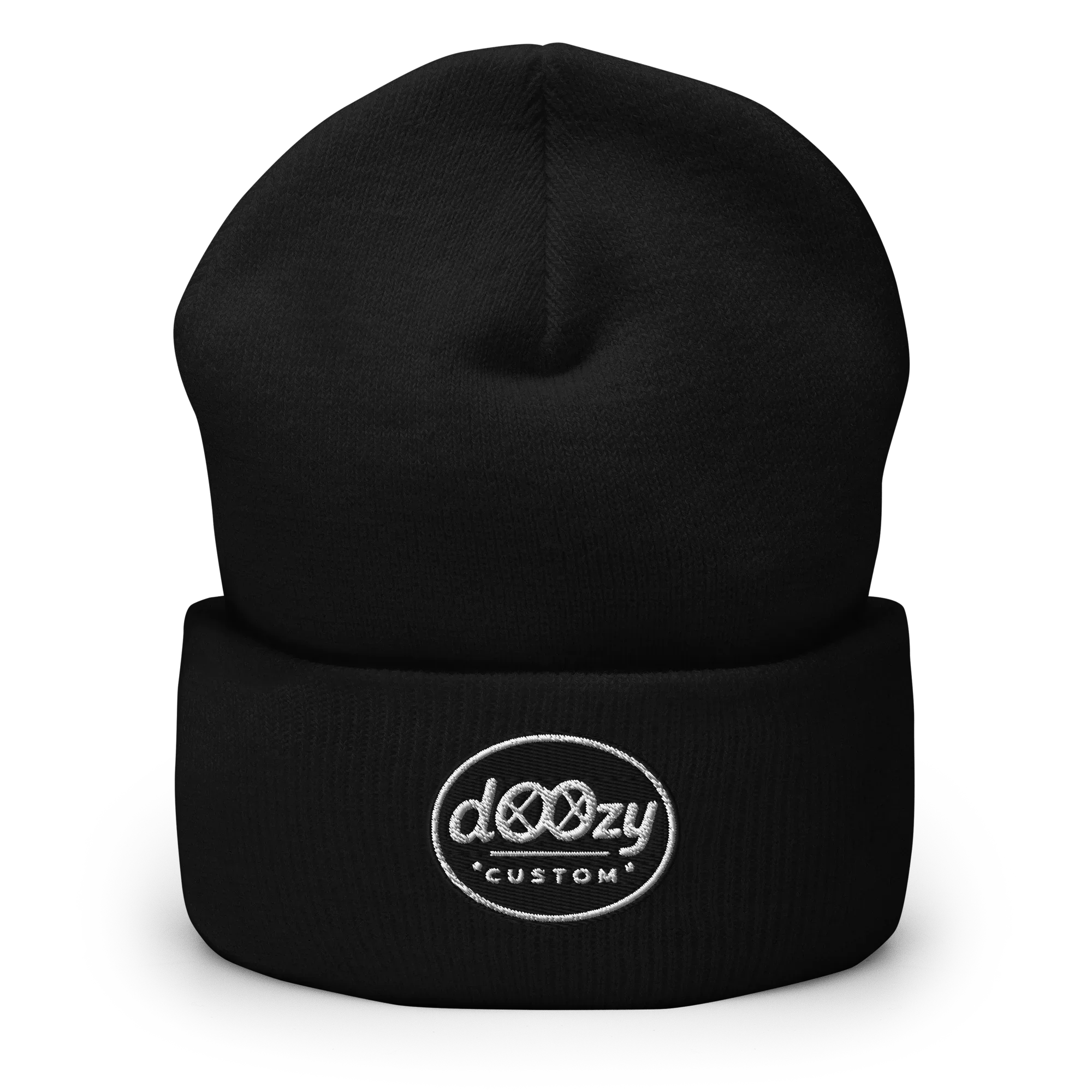 Gorro negro Doozy Headwear con logo bordado dOOzy CUSTOM en el frente, fondo neutro.