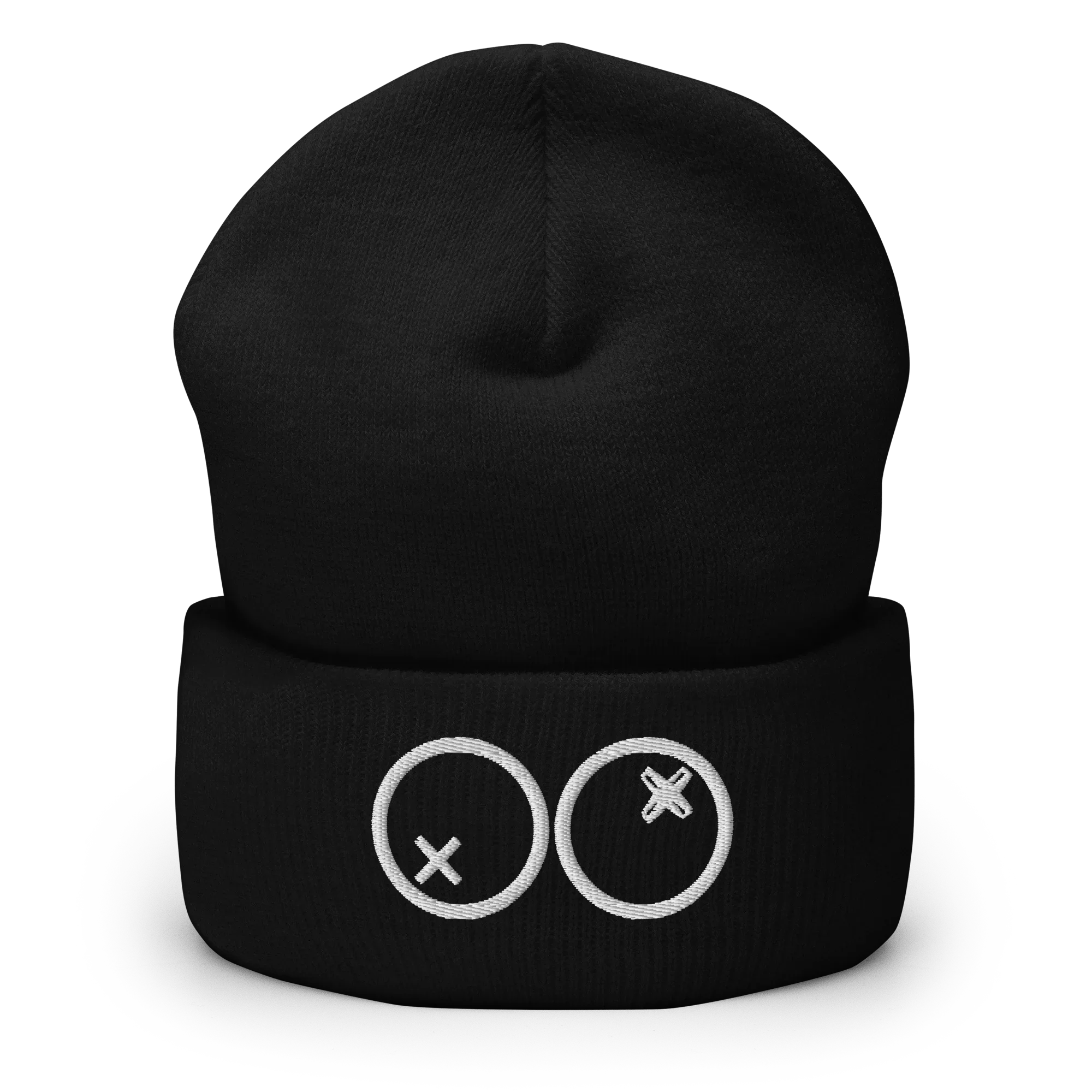 Gorro negro Doozy Headwear con logotipo bordado de dos círculos y cruces en el frente
