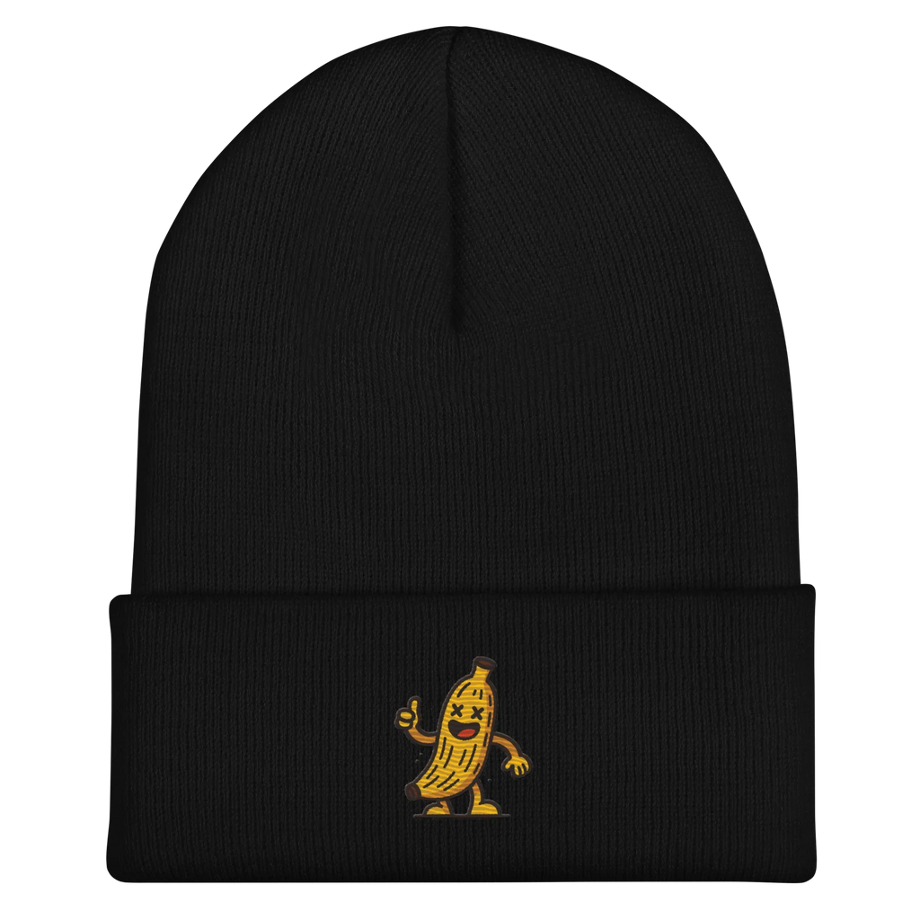 Gorro negro Doozy Headwear con diseño bordado de plátano animado en la parte frontal