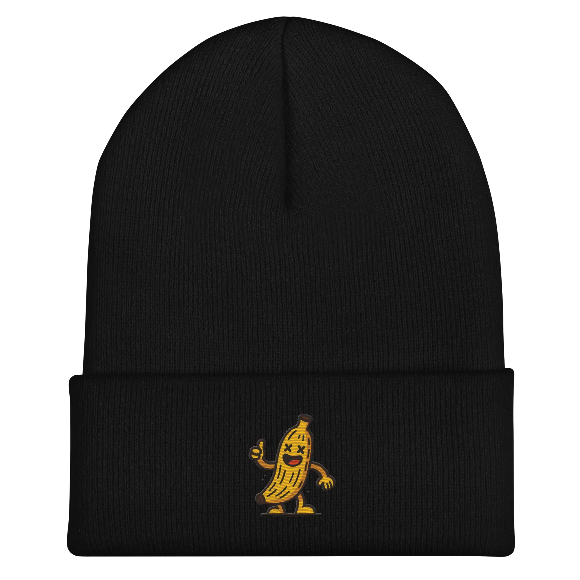 Gorro negro Doozy Headwear con diseño bordado de plátano animado en la parte frontal