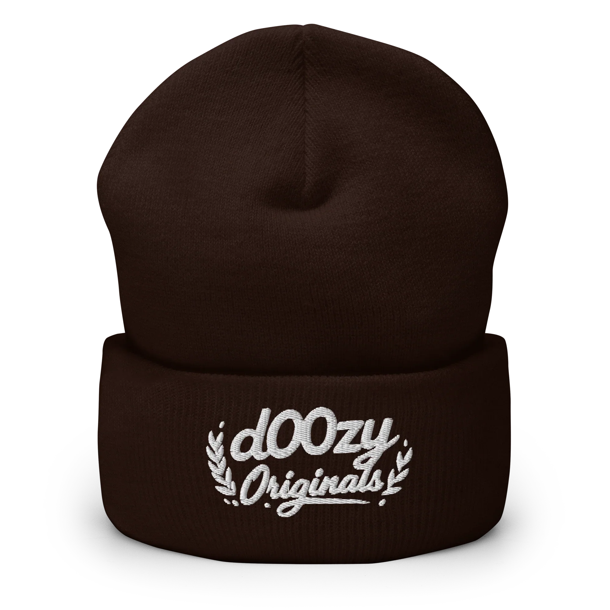 Gorro tipo beanie marrón Doozy Originals con logo bordado blanco, moda urbana