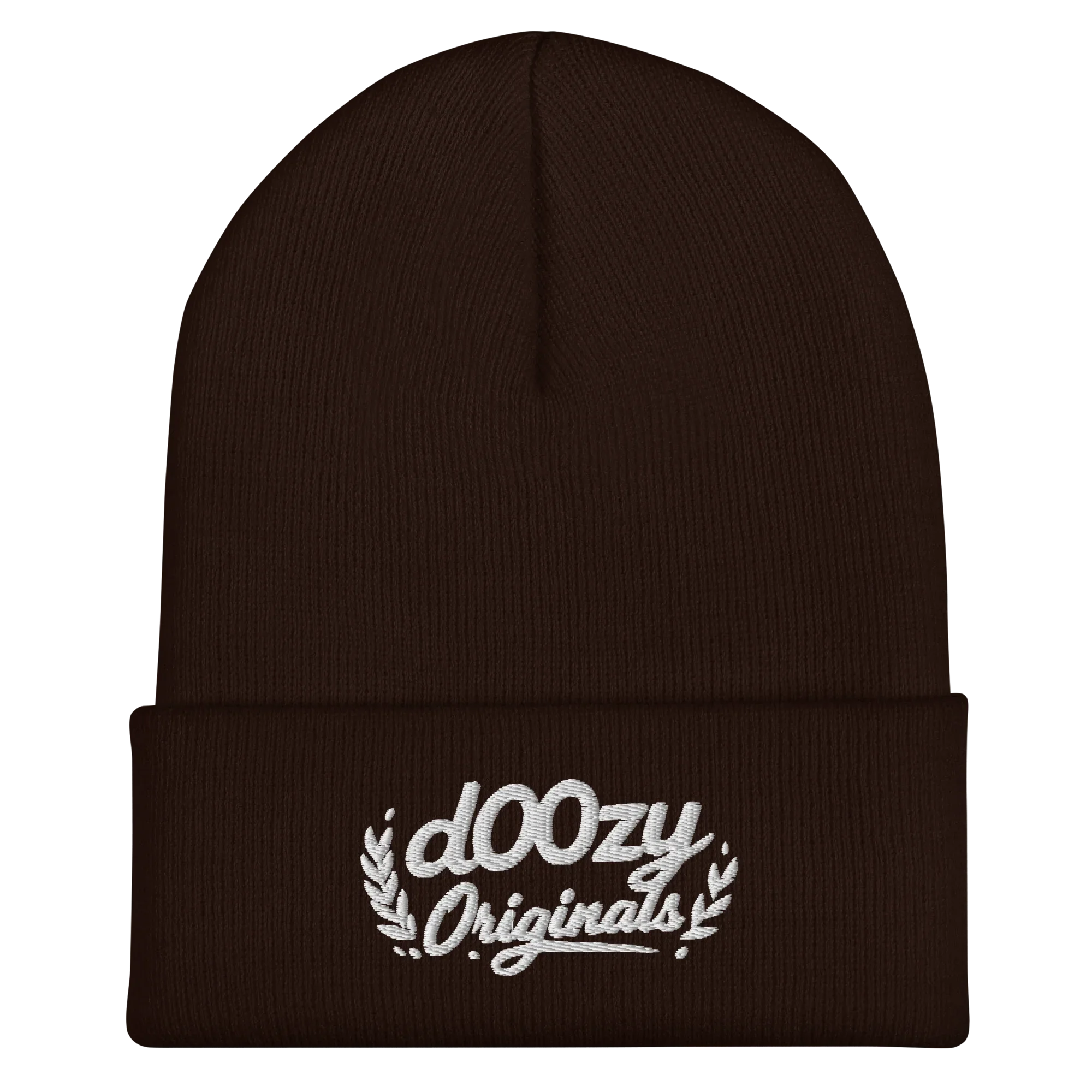 Gorro beanie marrón de Doozy Headwear con logo bordado dOOzy Originals en el frente
