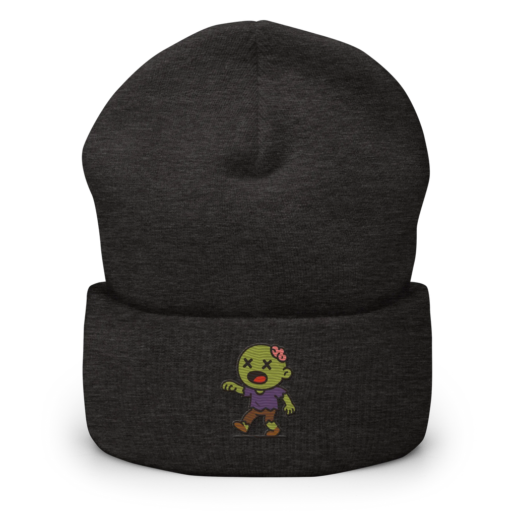 Gorro Doozy Headwear gris oscuro con dibujo de zombi verde en el frente