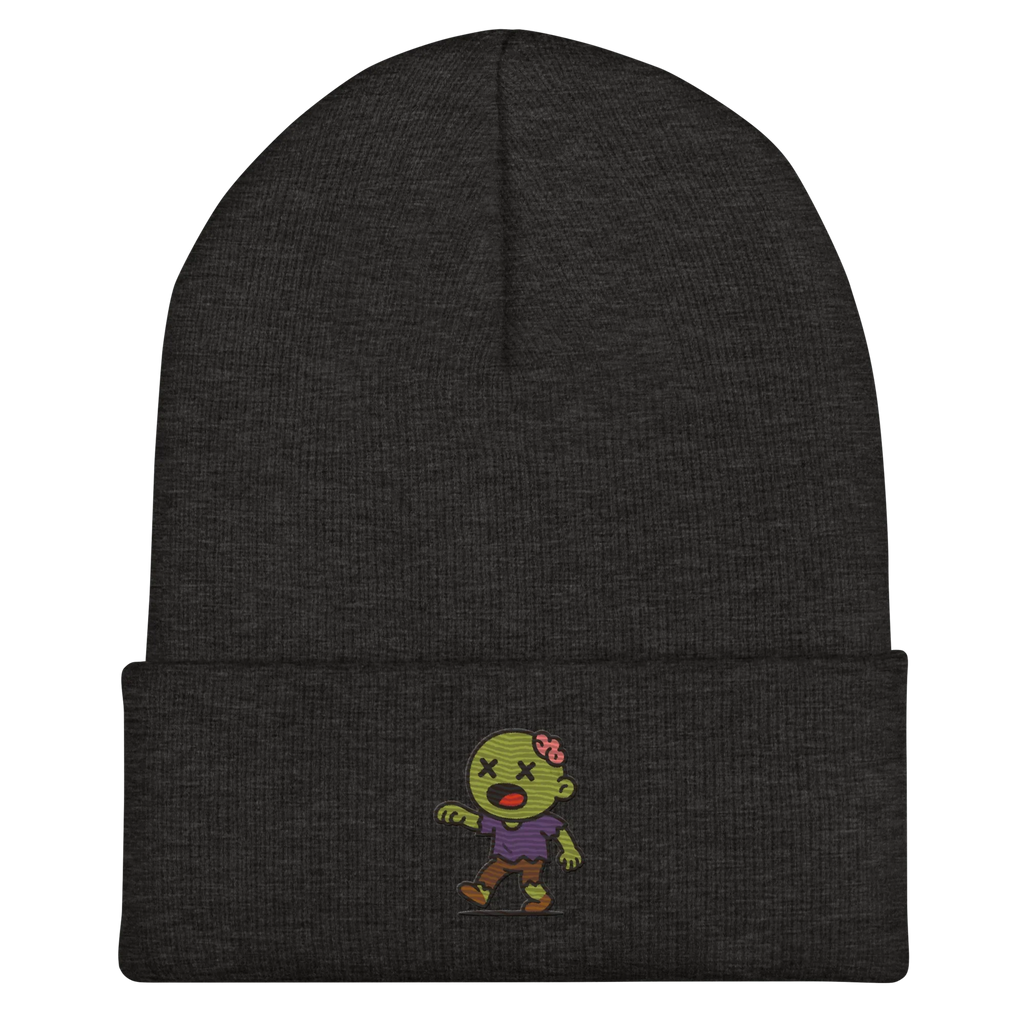 Gorro beanie oscuro Doozy Headwear con bordado de dibujo de zombi en la parte frontal
