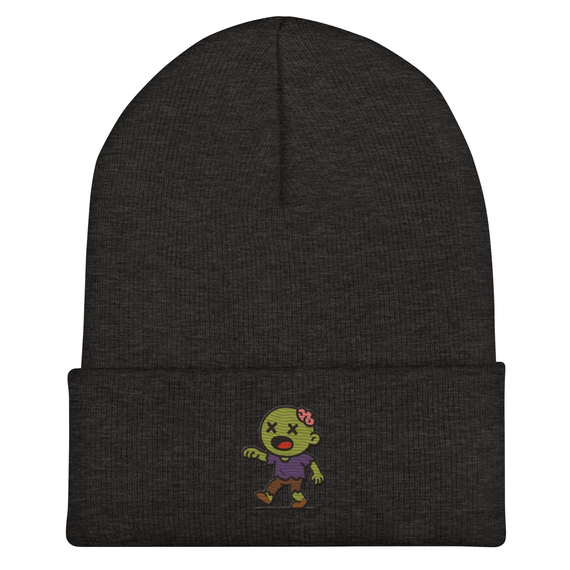 Gorro beanie oscuro Doozy Headwear con bordado de dibujo de zombi en la parte frontal