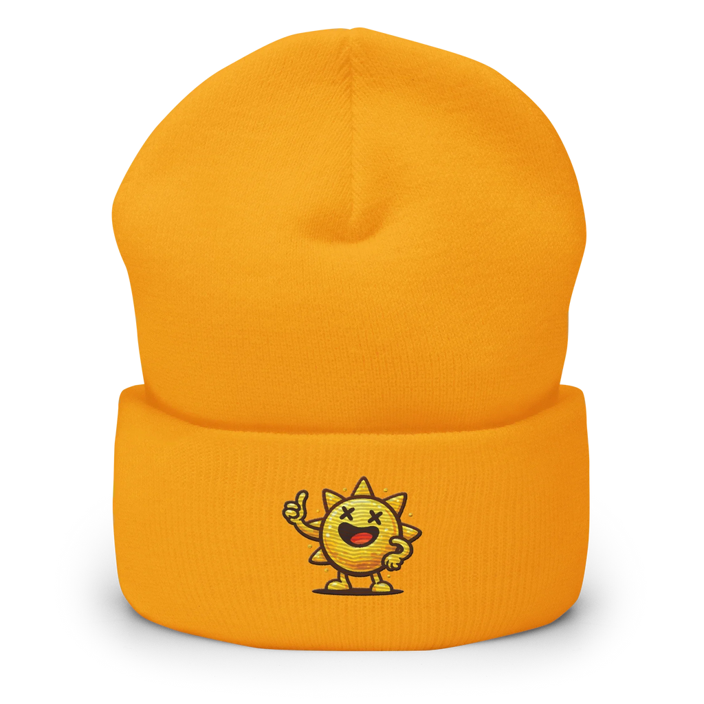 Gorro beanie amarillo Doozy Headwear con dibujo de sol sonriente bordado en el frente