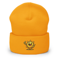 Gorro beanie amarillo Doozy Headwear con dibujo de sol sonriente bordado en el frente