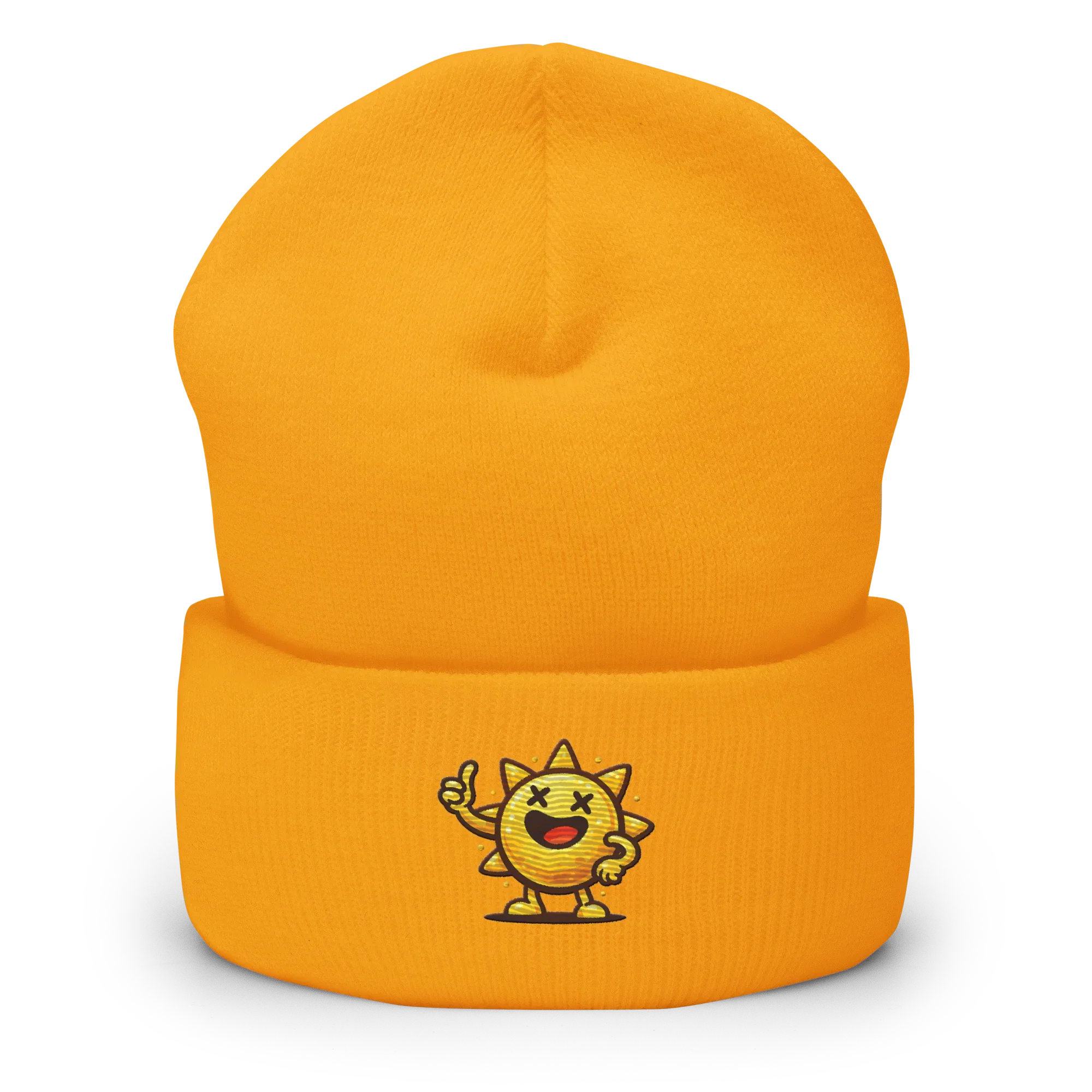 Gorro beanie amarillo Doozy Headwear con dibujo de sol sonriente bordado en el frente