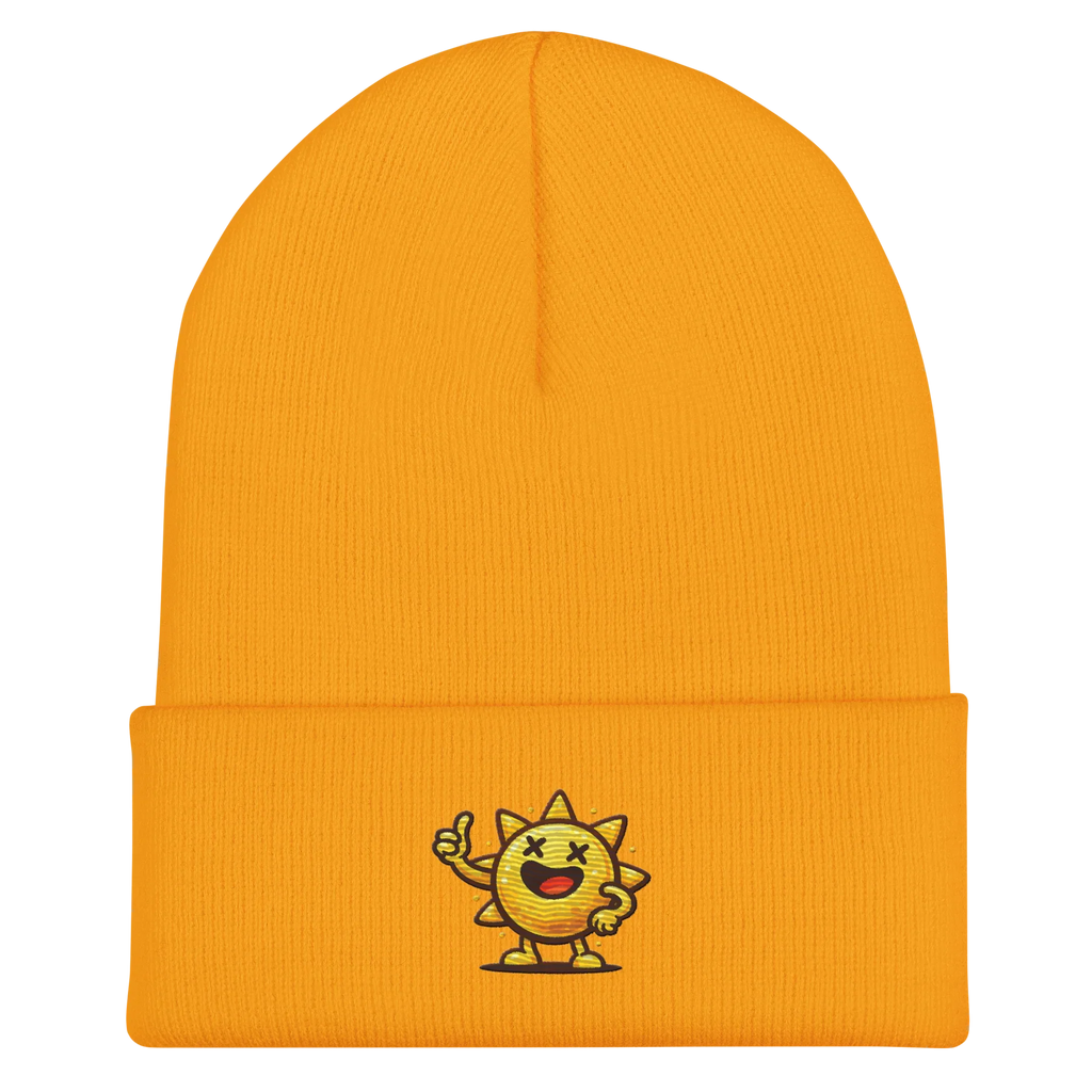 Gorro amarillo Doozy Headwear con dibujo de sol sonriente bordado, estilo urbano.