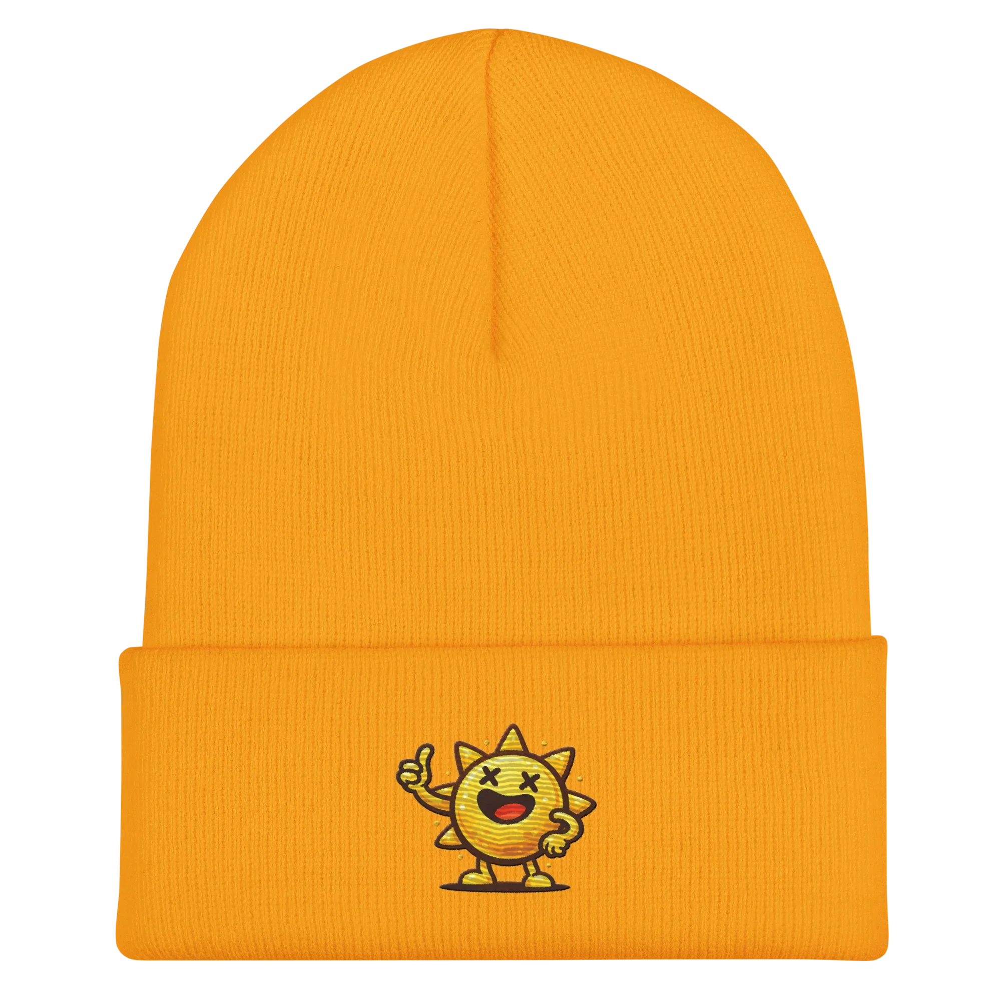 Gorro amarillo Doozy Headwear con dibujo de sol sonriente bordado, estilo urbano.