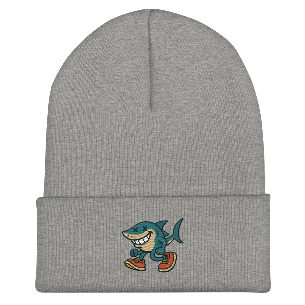 Gorro Doozy Headwear gris jaspeado con dibujo de tiburón sonriente en el frente