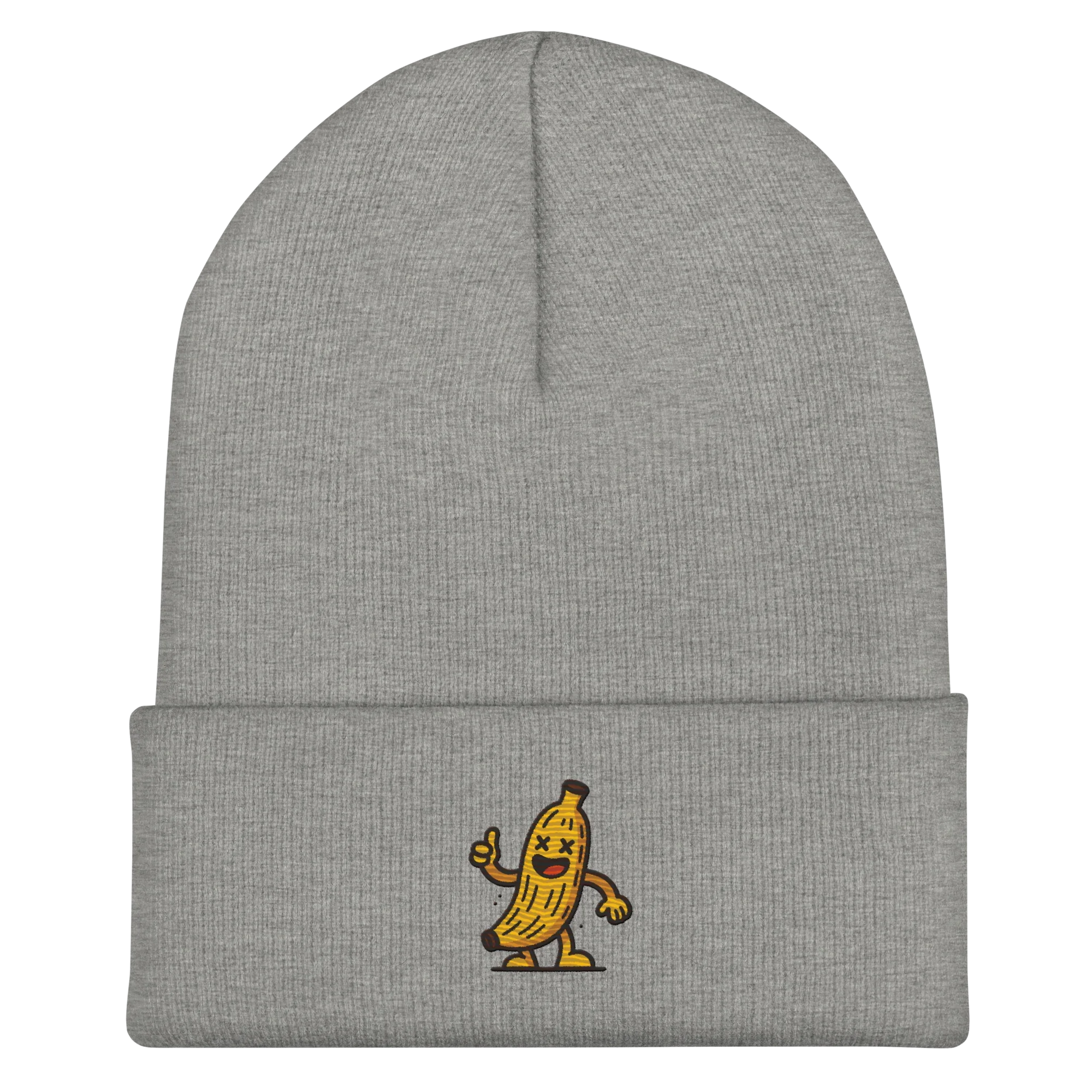 Gorro Doozy Headwear gris jaspeado con dibujo de plátano animado en el frente
