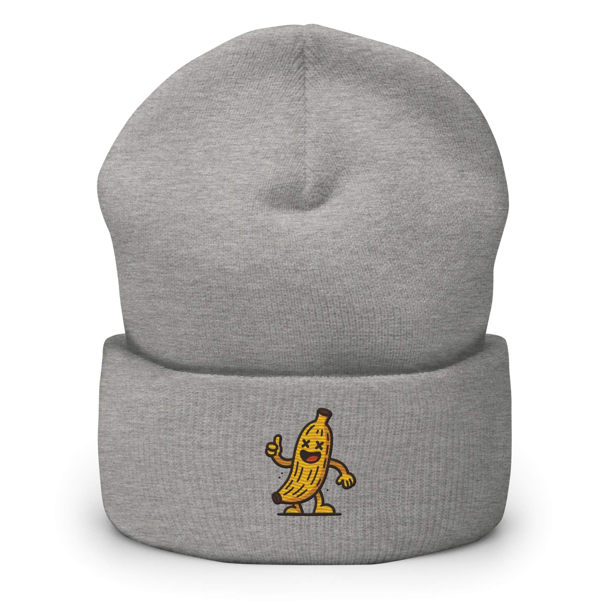 Gorro gris Doozy Headwear con diseño de banana animada bordada en el frente