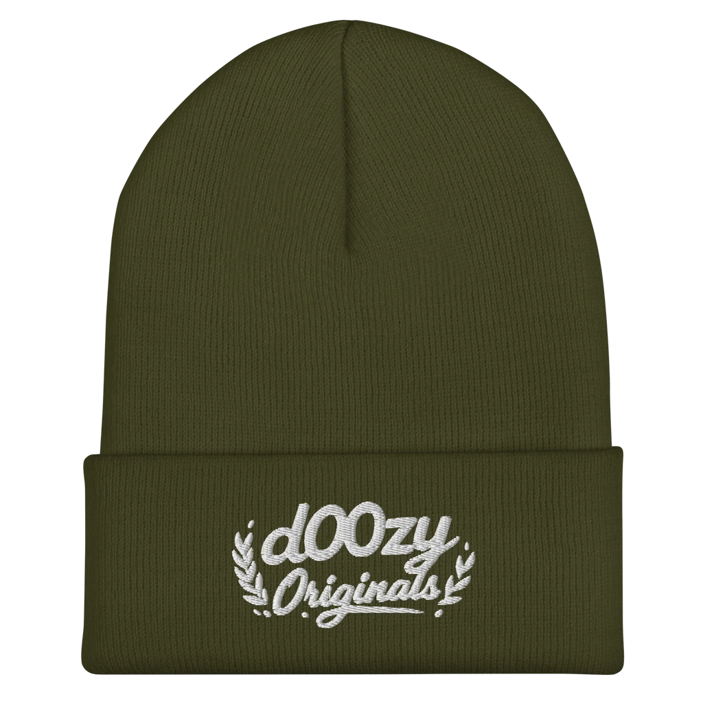 Gorro beanie oliva Doozy Originals con logo bordado, moda urbana de Doozy Headwear