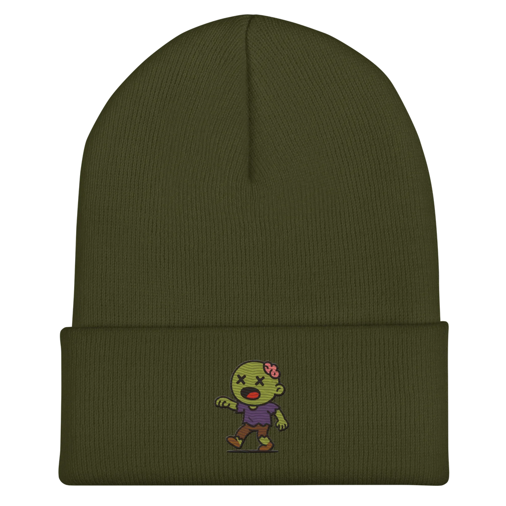 Gorro de punto verde oliva Doozy Headwear con bordado de zombie pequeño en el frente