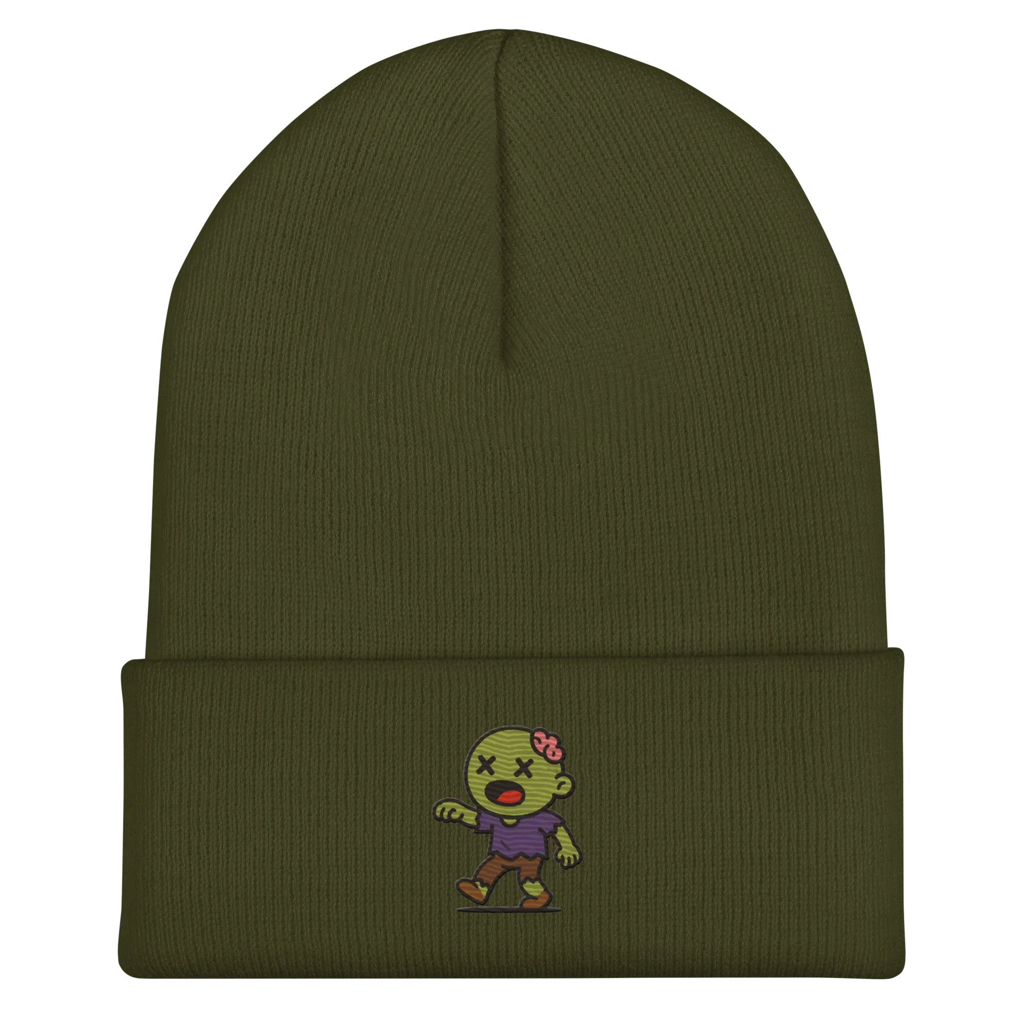 Gorro de punto verde oliva Doozy Headwear con bordado de zombie pequeño en el frente