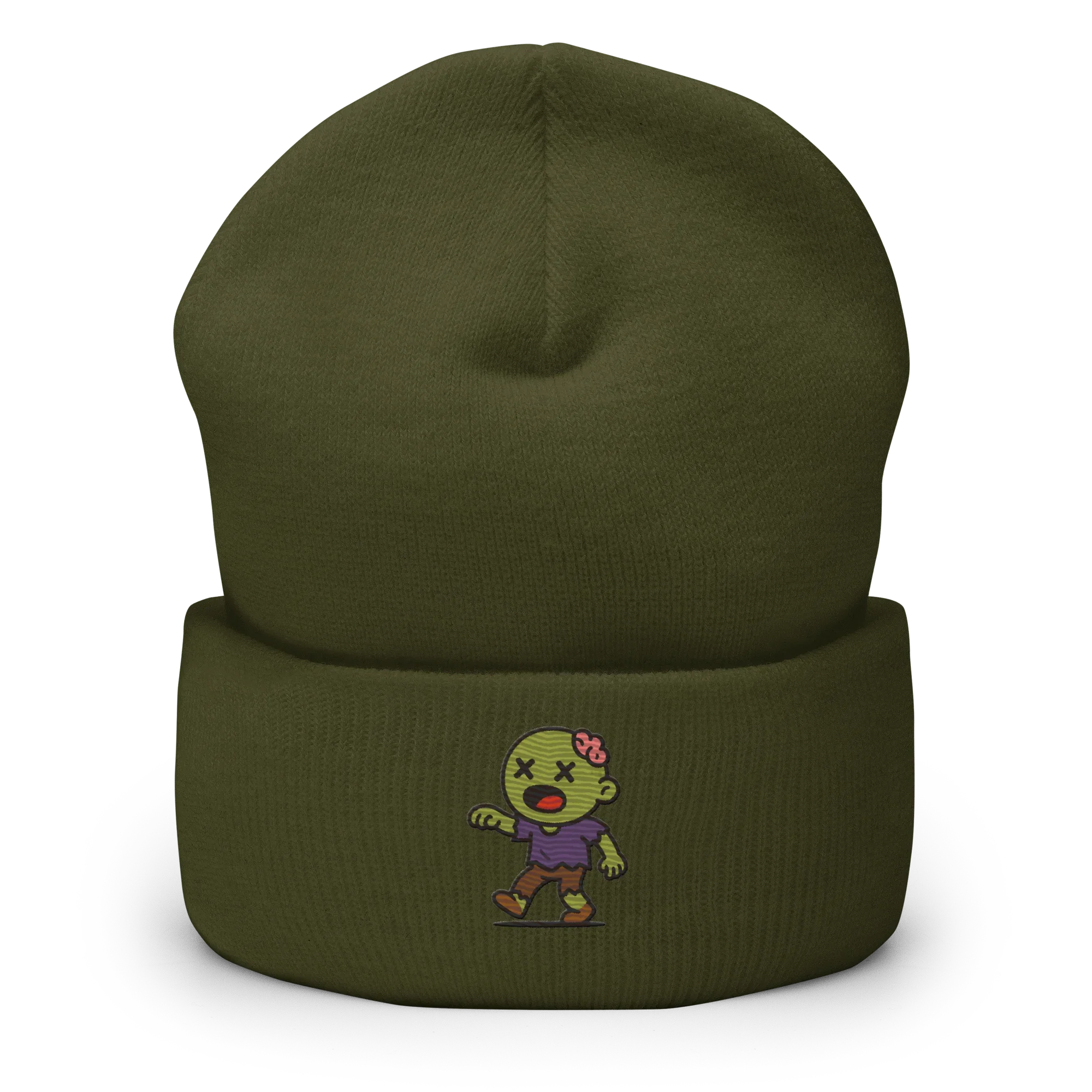 Gorro beanie verde oliva Doozy Headwear con dibujo de zombi animado bordado enfrente