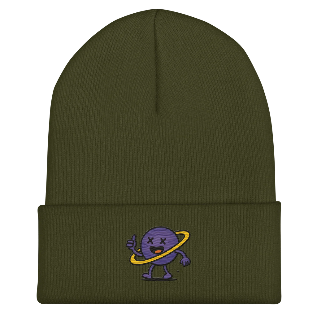 Gorro doozy verde oliva con dibujo de planeta púrpura y anillo amarillo bordado en el frente