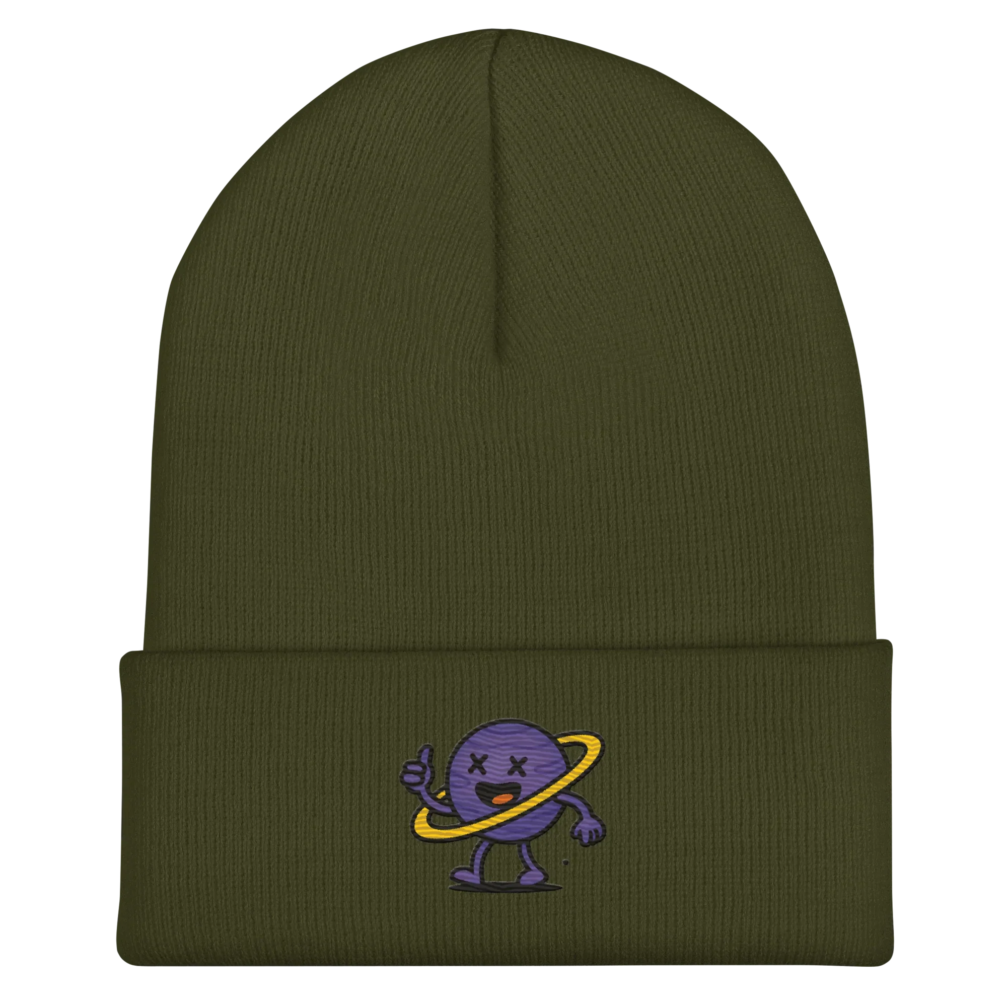 Gorro doozy verde oliva con dibujo de planeta púrpura y anillo amarillo bordado en el frente