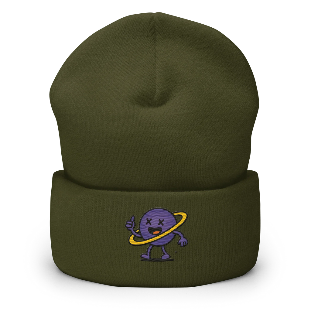 Gorro beanie verde oliva Doozy Headwear con bordado de personaje morado y anillo amarillo