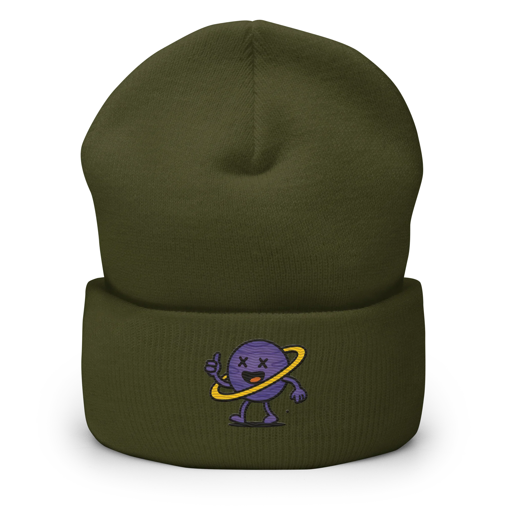 Gorro beanie verde oliva Doozy Headwear con bordado de personaje morado y anillo amarillo